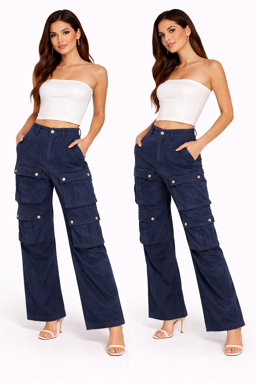 Zara Utility Cargo Wide Leg Pants Dark Denim Jeans Multi Pocket Women’s US 4